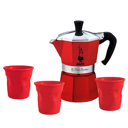 Bialetti Espressokocher Moka Express Rot + 3 Keramikbechern